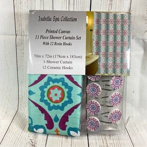 Isabella Spa Collection Printed Canvas 13 Piece Shower Curtain Set Bathroom Blue